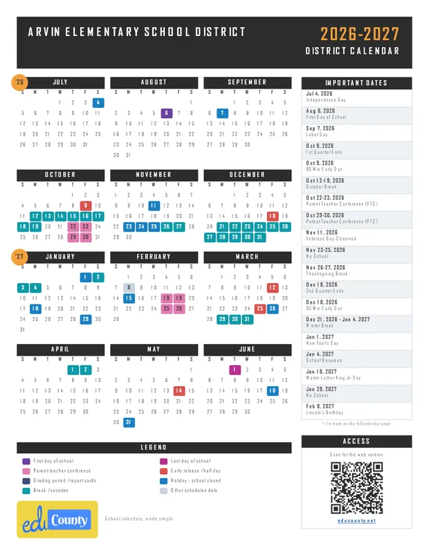 Arvin Elementary School District printable 2026-27 calendar