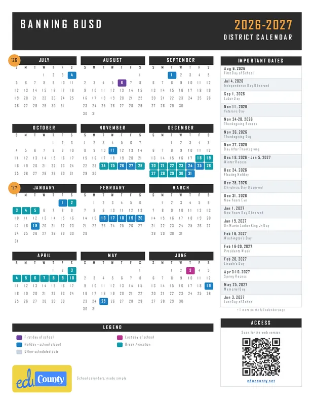 Banning BUSD printable 2026-27 calendar