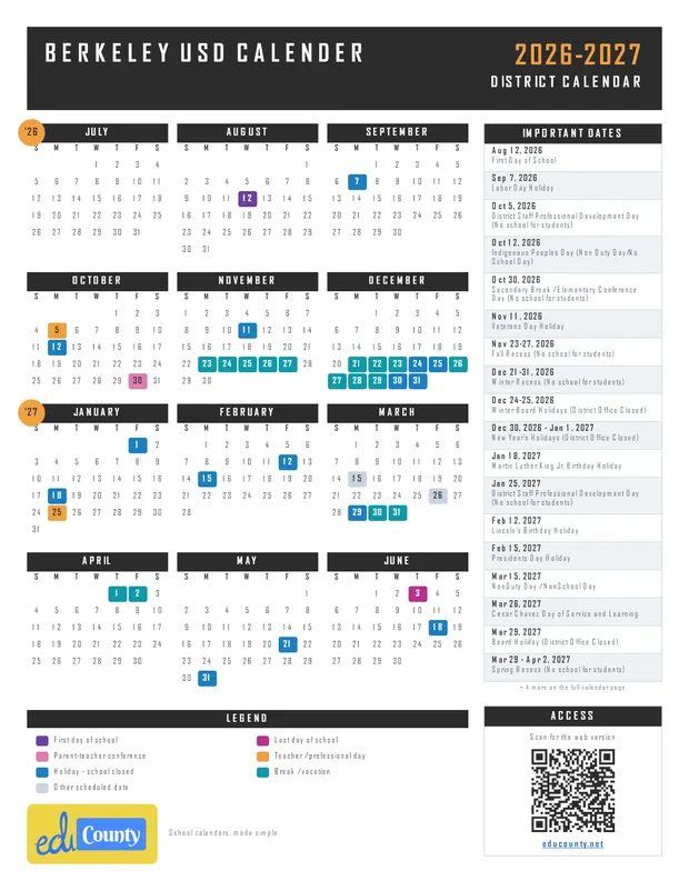 Berkeley Unified School District usd Calender printable 2026-27 calendar