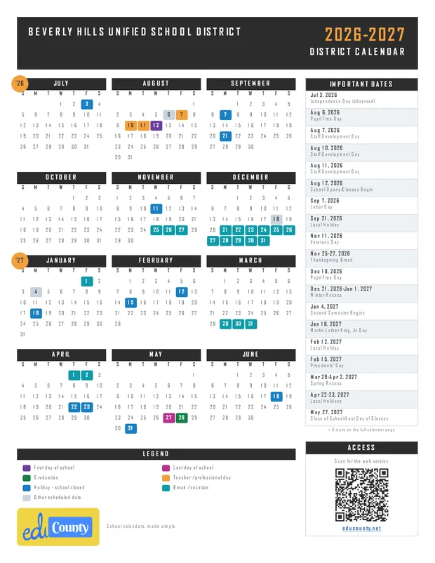 Beverly Hills Unified School District printable 2026-27 calendar