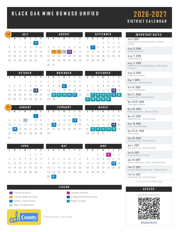 Black Oak Mine BOMUSD Unified printable 2026-27 calendar