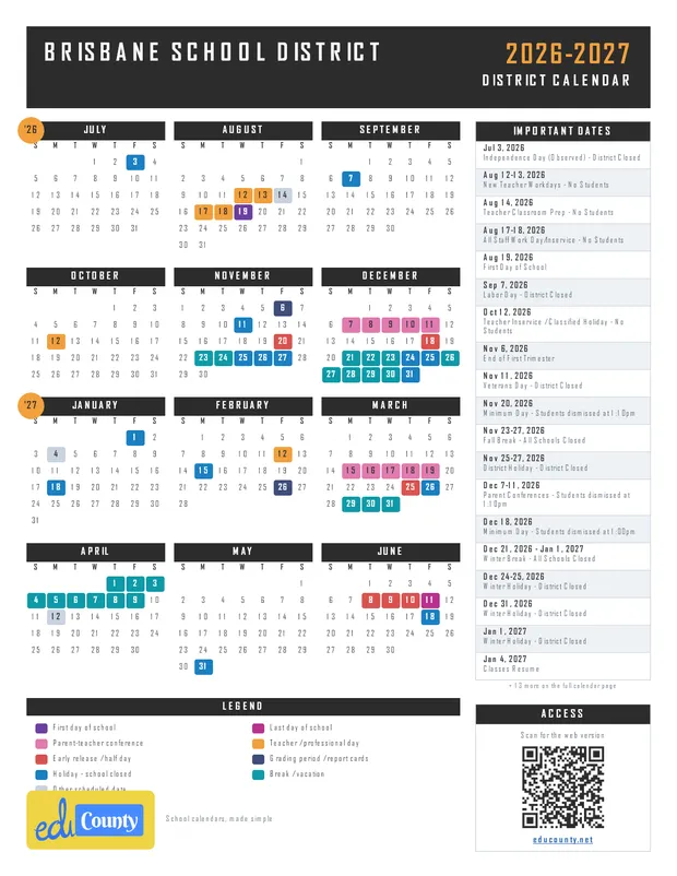 Brisbane School District printable 2026-27 calendar