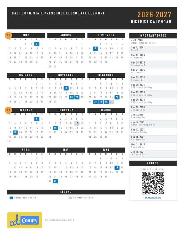 California State Preschool LEUSD Lake Elsinore USD printable 2026-27 calendar