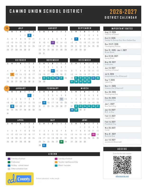 Camino Union School District USD printable 2026-27 calendar