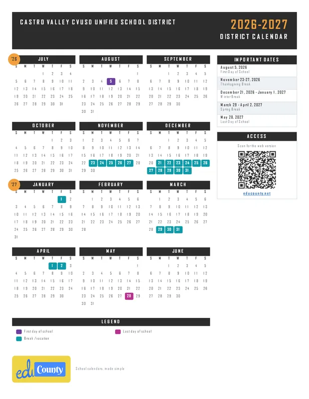 Castro Valley CVUSD Unified School District printable 2026-27 calendar