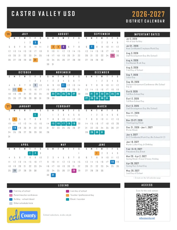 Castro Valley Unified School District usd printable 2026-27 calendar