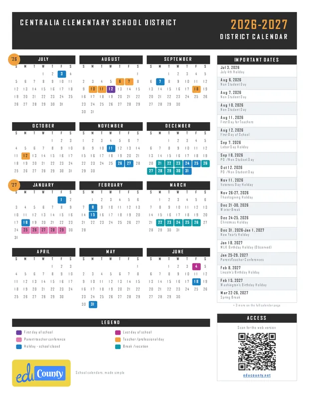 Centralia Elementary School District printable 2026-27 calendar