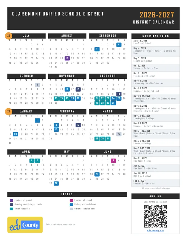 Claremont Unified School District printable 2026-27 calendar