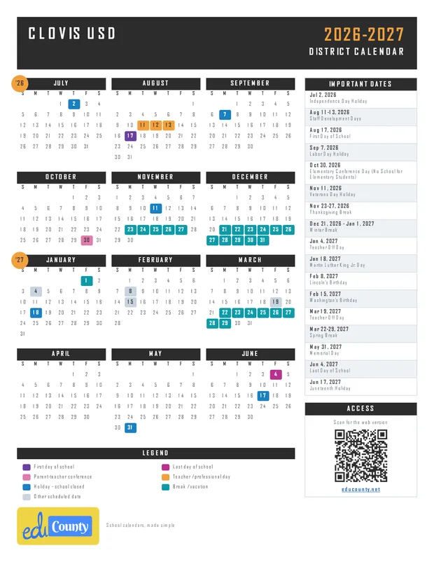 Clovis Unified School District USD printable 2026-27 calendar