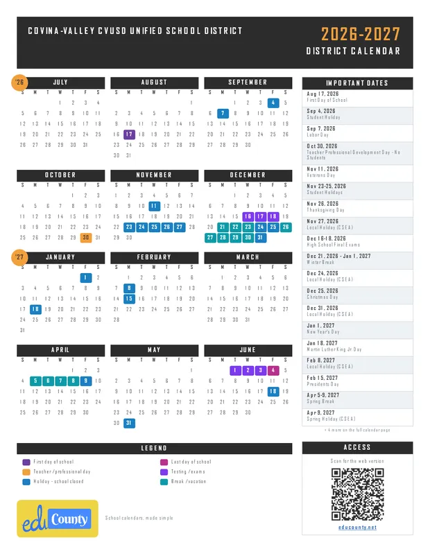 Covina-Valley CVUSD Unified School District printable 2026-27 calendar