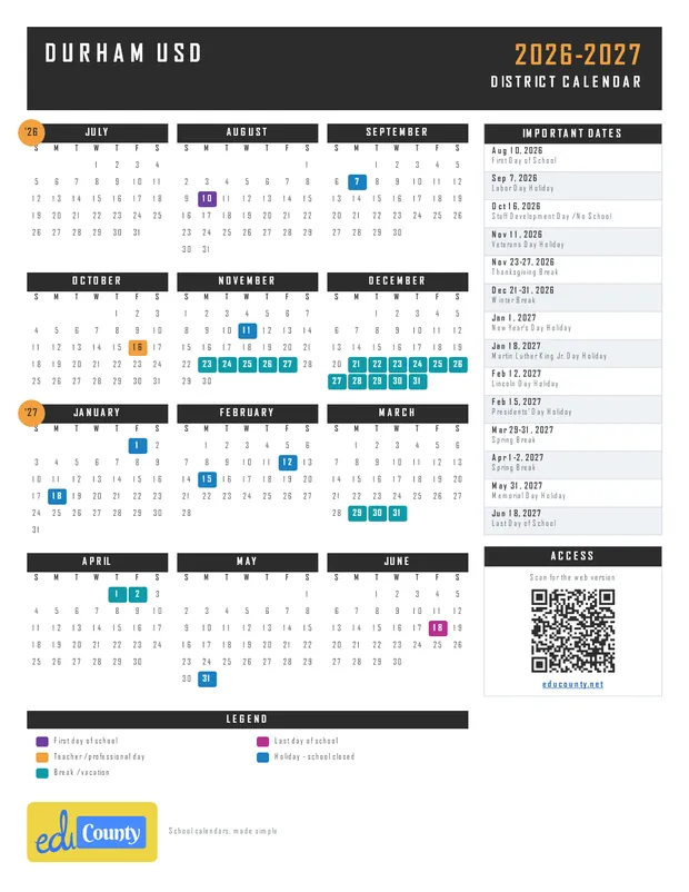 Durham Unified School District USD printable 2026-27 calendar