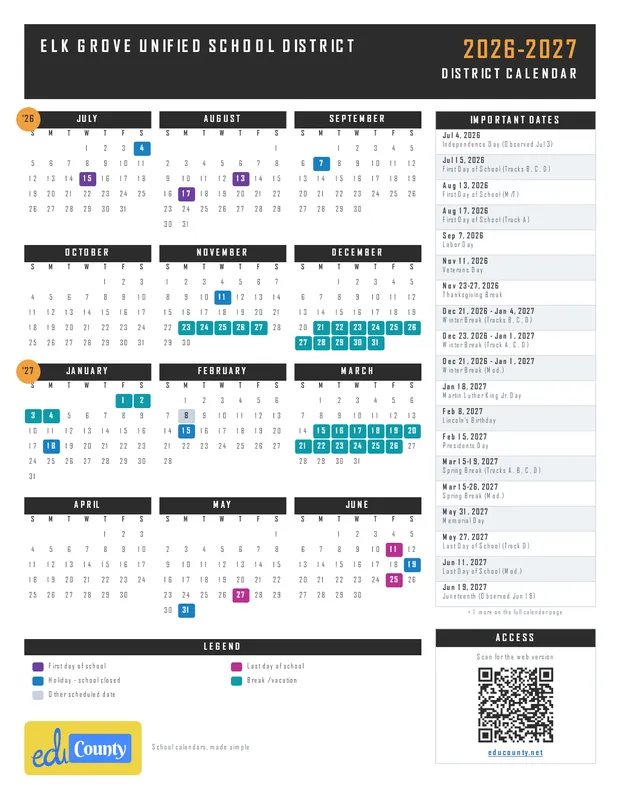 Elk Grove Unified School District printable 2026-27 calendar