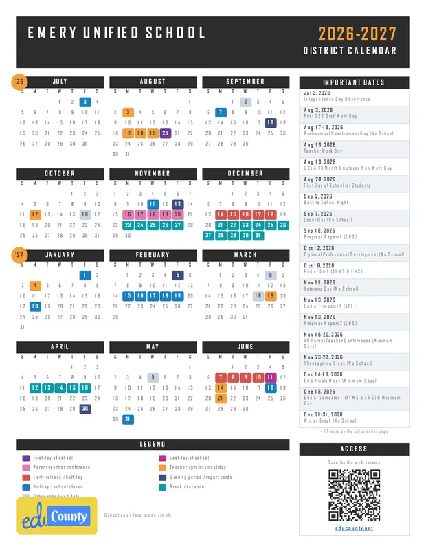 Emery Unified School printable 2026-27 calendar