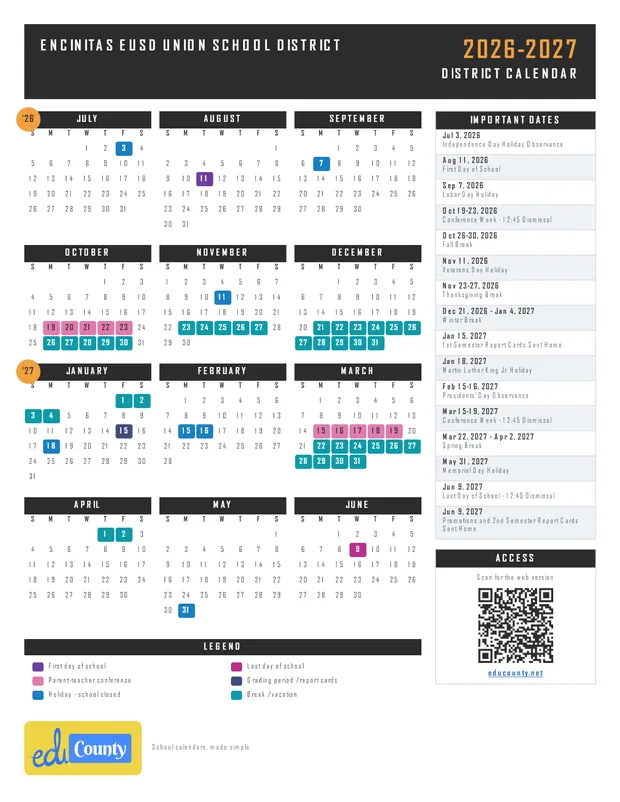 Encinitas EUSD Union School District printable 2026-27 calendar