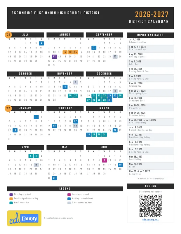 Escondido EUSD Union High School District printable 2026-27 calendar