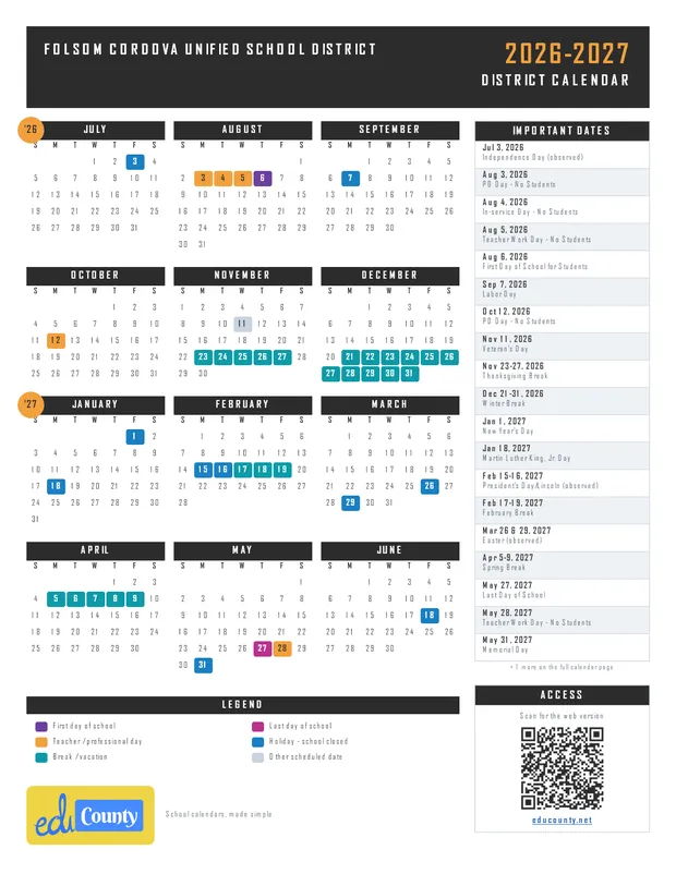 Folsom Cordova Unified School District printable 2026-27 calendar