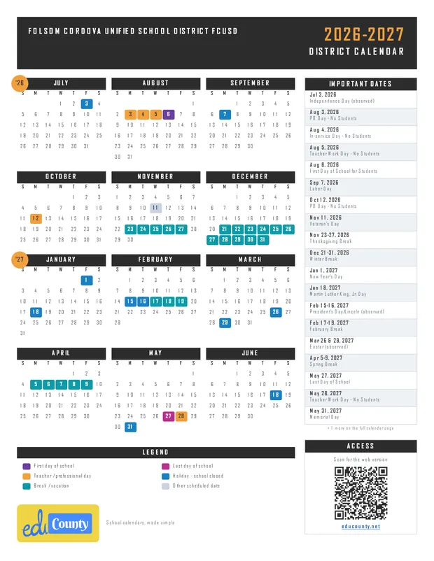 Folsom Cordova Unified School District fcusd printable 2026-27 calendar