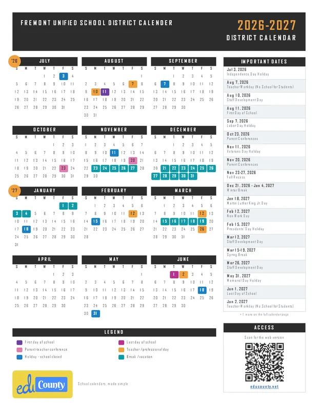 Fremont Unified School District Calender printable 2026-27 calendar