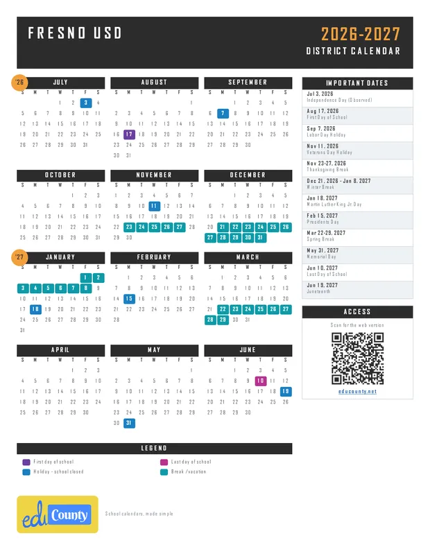 Fresno Unified School District USD printable 2026-27 calendar