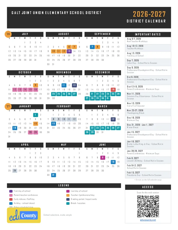Galt Joint Union Elementary School District USD printable 2026-27 calendar