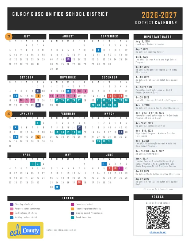 Gilroy GUSD Unified School District printable 2026-27 calendar