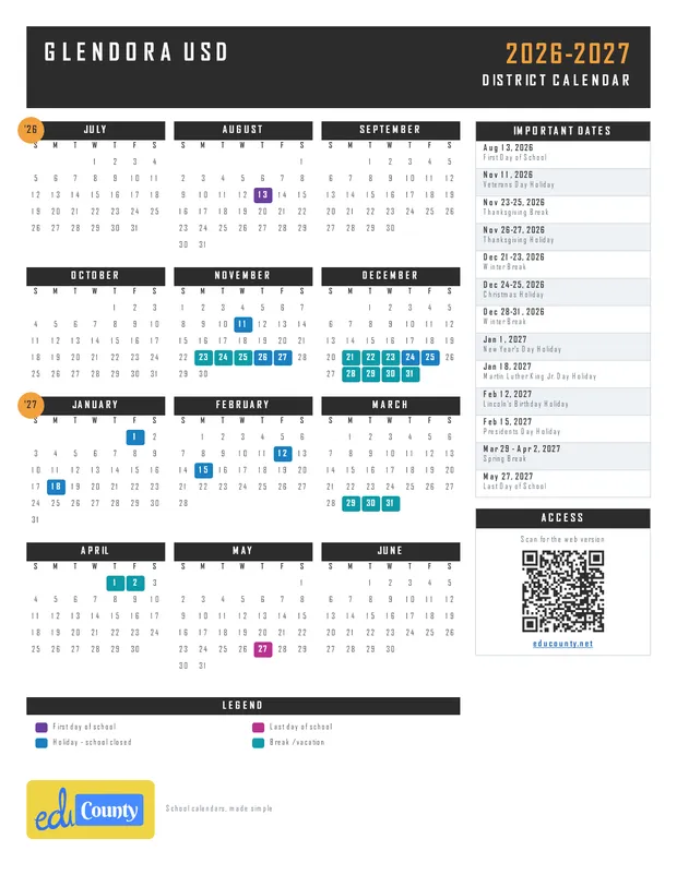 Glendora USD Unified School District printable 2026-27 calendar