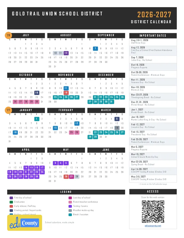 Gold Trail Union School District printable 2026-27 calendar