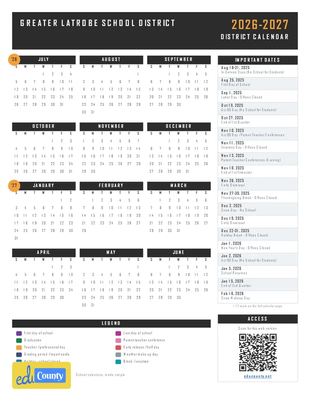 Greater Latrobe School District printable 2026-27 calendar