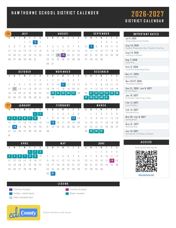 Hawthorne School District Calender printable 2026-27 calendar