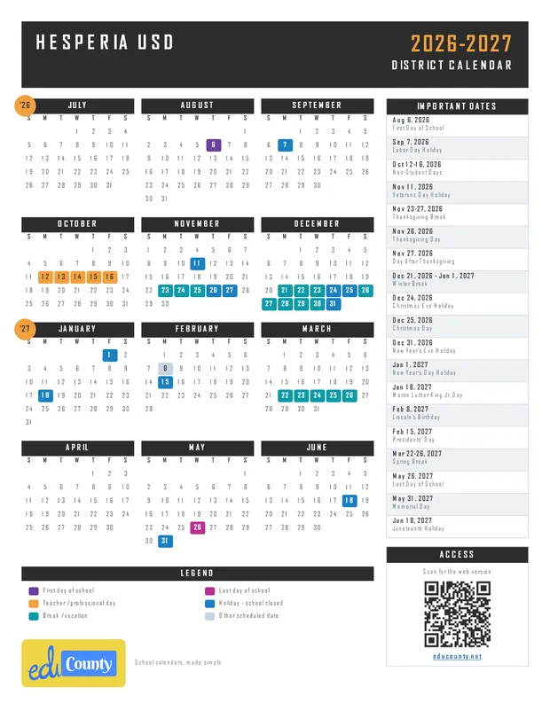 HESPERIA USD printable 2026-27 calendar