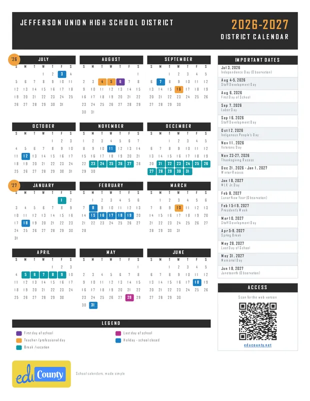 Jefferson Union High School District printable 2026-27 calendar