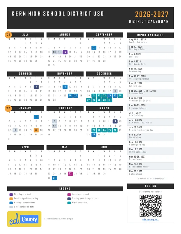 Kern High School District USD printable 2026-27 calendar