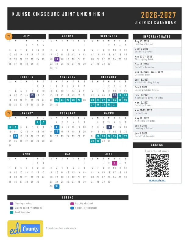 KJUHSD Kingsburg Joint Union High printable 2026-27 calendar