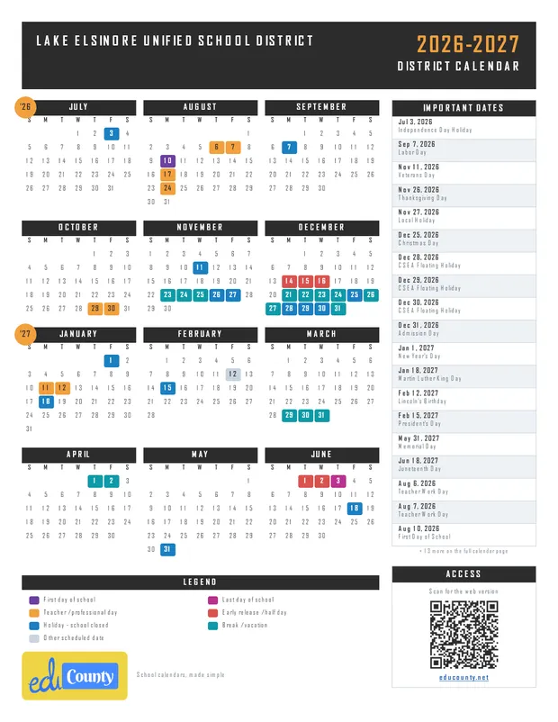 Lake Elsinore Unified School District printable 2026-27 calendar