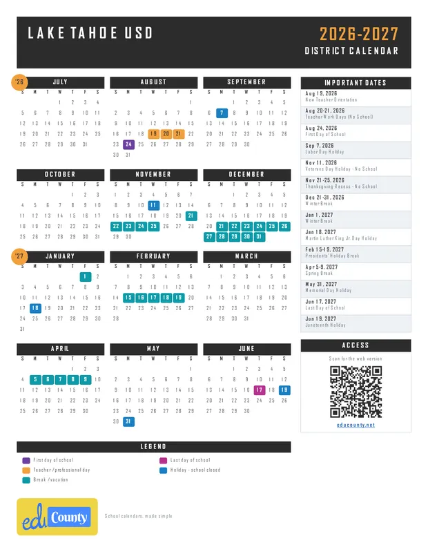 Lake Tahoe Usd printable 2026-27 calendar