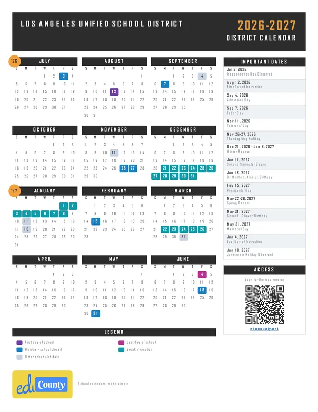 Los Angeles Unified School District printable 2026-27 calendar