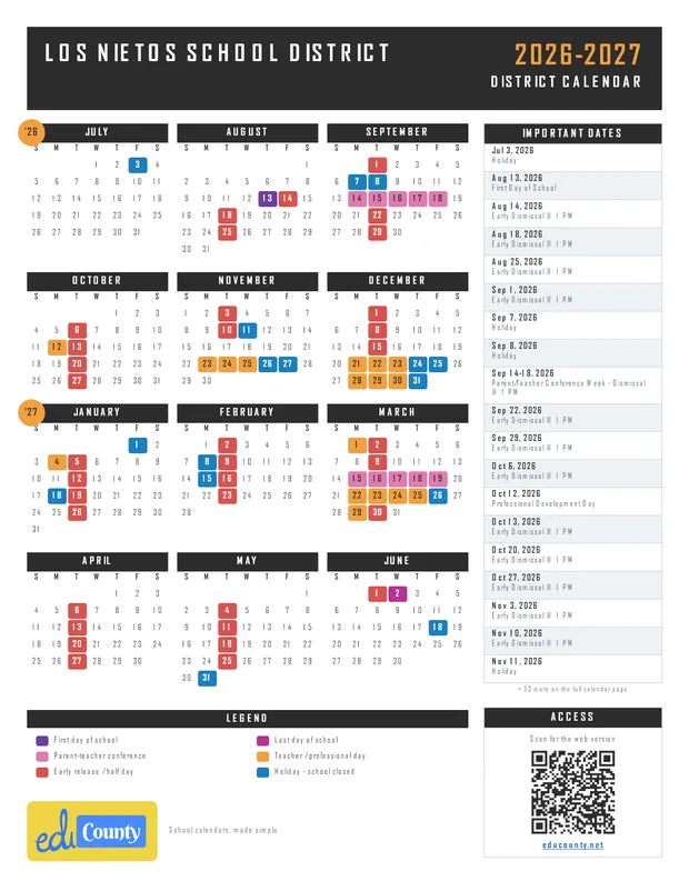 Los Nietos School District printable 2026-27 calendar