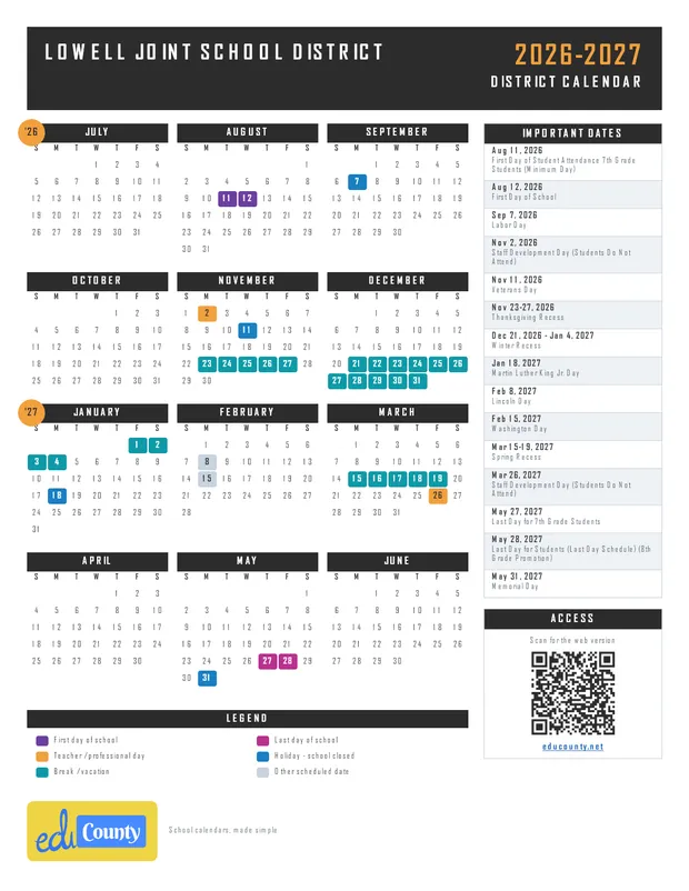 Lowell Joint School District printable 2026-27 calendar