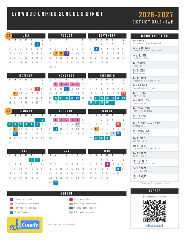 Lynwood Unified School District printable 2026-27 calendar