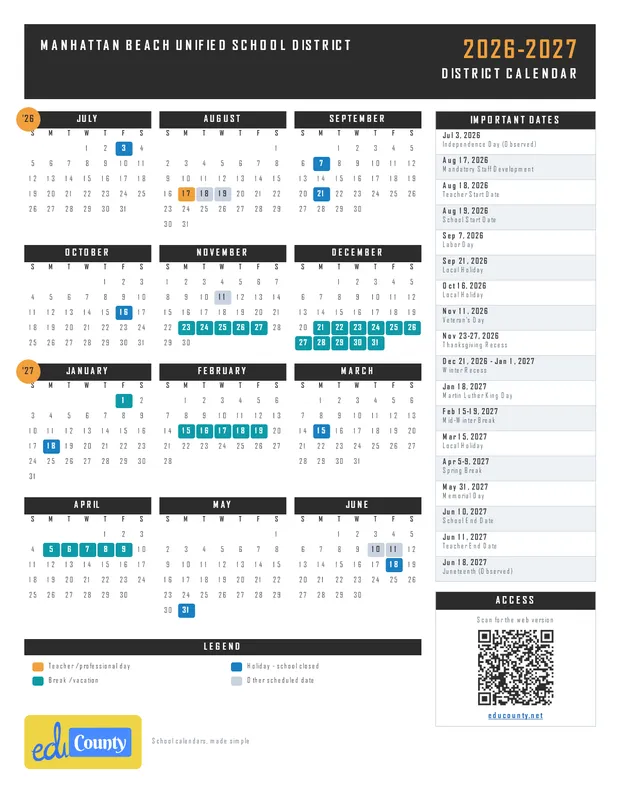 Manhattan Beach Unified School District printable 2026-27 calendar
