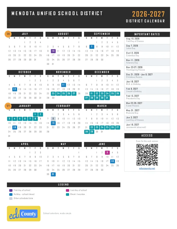 Mendota Unified School District printable 2026-27 calendar