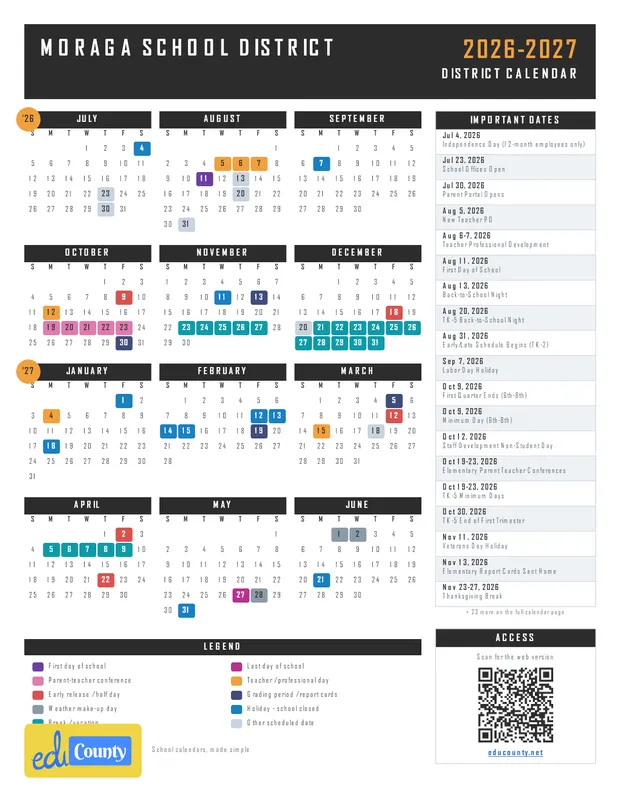 Moraga school district printable 2026-27 calendar