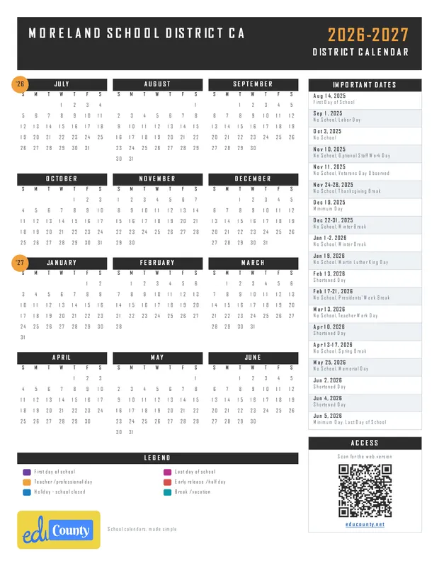 Moreland School District printable 2026-27 calendar