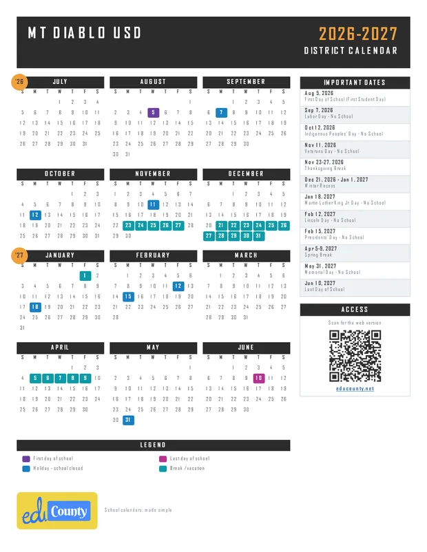 Mt Diablo USD printable 2026-27 calendar
