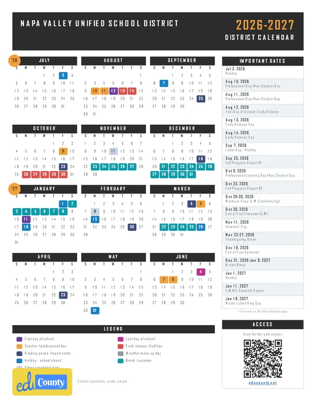 Napa Valley Unified School District printable 2026-27 calendar