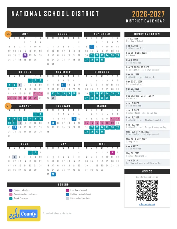 National School District printable 2026-27 calendar