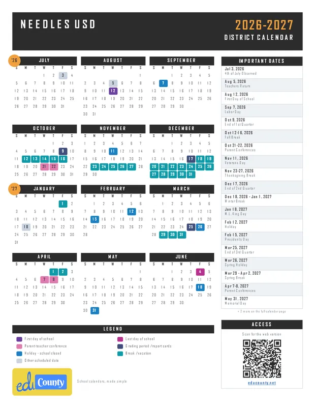 Needles Unified School District usd printable 2026-27 calendar