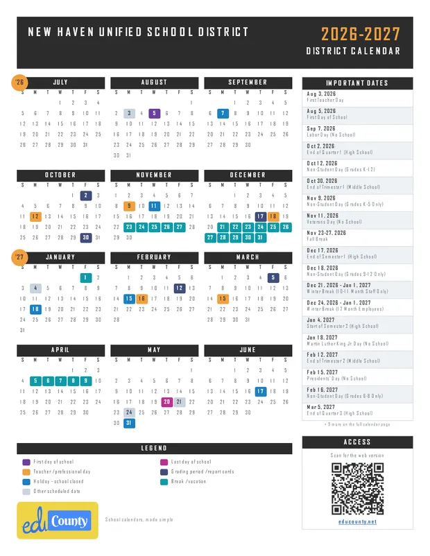 New Haven Unified School District printable 2026-27 calendar