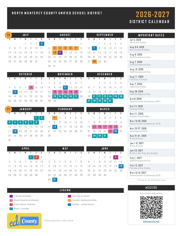 North Monterey County Unified School District printable 2026-27 calendar