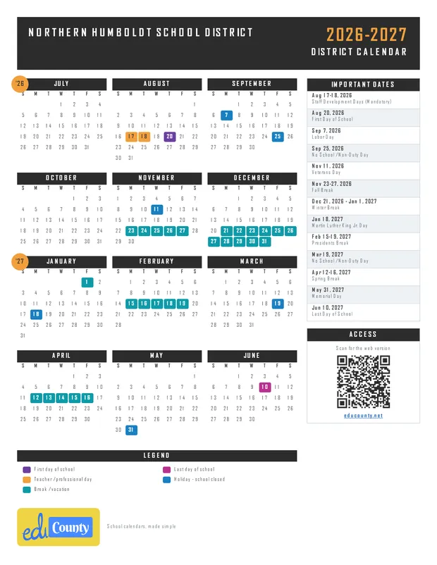 Northern Humboldt School District printable 2026-27 calendar